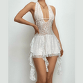 PRE ORDER - Halter v neck backless lace self tie hollow out mini dress