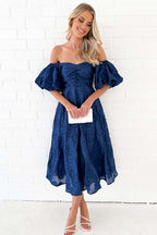 Classic Elegance Puff Sleeve Floral Embroidery Midi Dress - 3 Colors