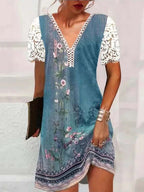 Floral Lace Patchwork V-Neck Short Sleeve Mini Dress