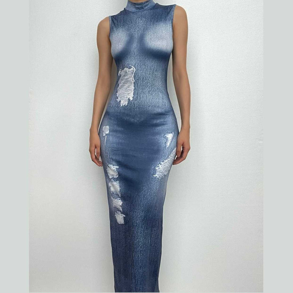 Denim print sleeveless contrast high neck maxi dress