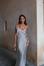 Julia Minimalist Imaginative, Dotted, Ruffled Guipure Lace Strap Maxi Dress Chic Silhouette Collection