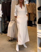 Magaly Timeless Solid Color Slit Dress with 3/4 Sleeves Premium Wardrobe Essential
