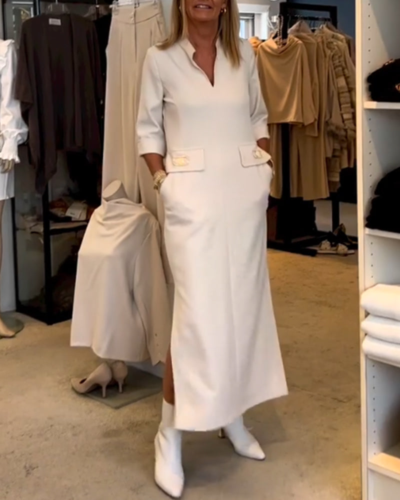 Magaly Timeless Solid Color Slit Dress with 3/4 Sleeves Premium Wardrobe Essential