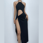 Hollow out solid halter backless slit ruched midi dress