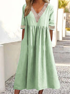 Relaxed V-Neck Chambray Side Pocket Midi Dress