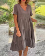 Igone Chic Cotton Linen Dress with V Neck Premium Wardrobe Essential