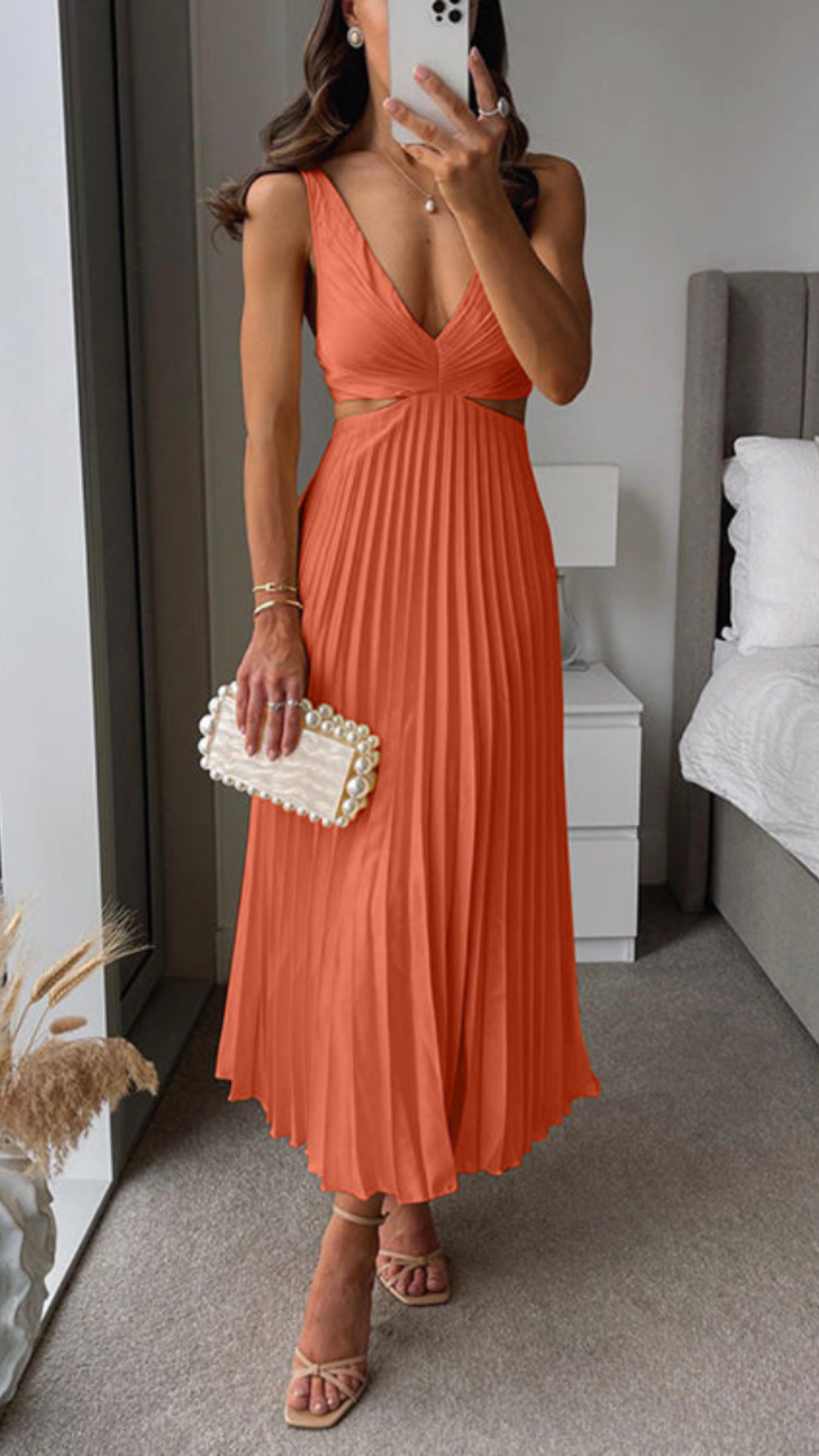 Beatriz Minimalist Pleated Long Dress with a Cut Out Waist Statement Occasion Edit