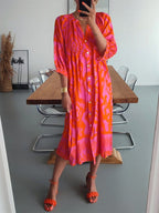 Hot Pink and Orange Print Shirred Button Front Midi Dress