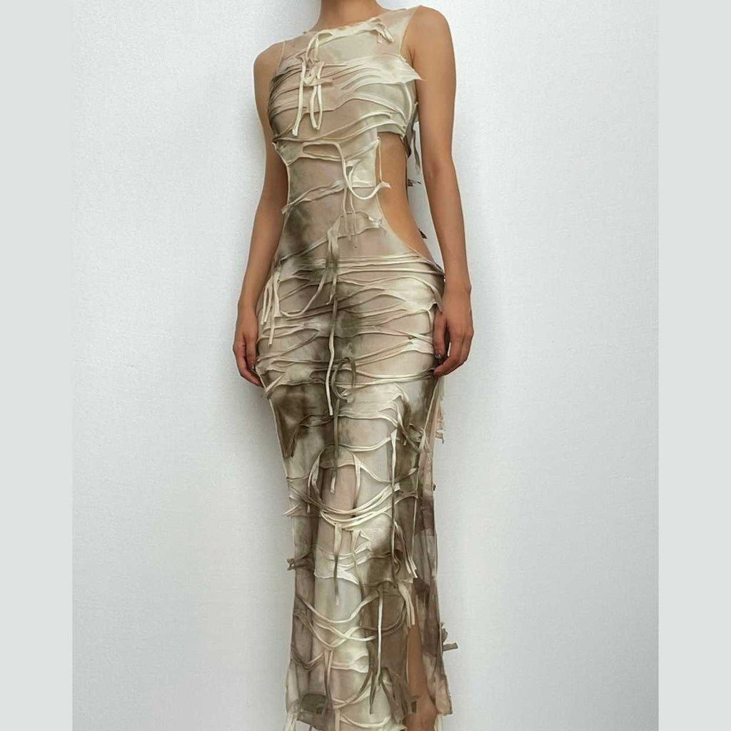 Sleeveless textured tie dye hollow out irregular slit maxi dress