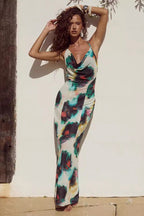 Paola Statement Resort Style Halter Neck Maxi Dress with Tie Belt Occasion Edit
