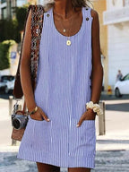 Crew Neck Women Dress Shift Daily Boho Pockets Striped Dress