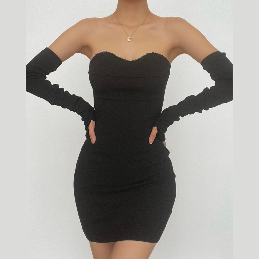 Sleeveless solid lace hem gloves tube dress