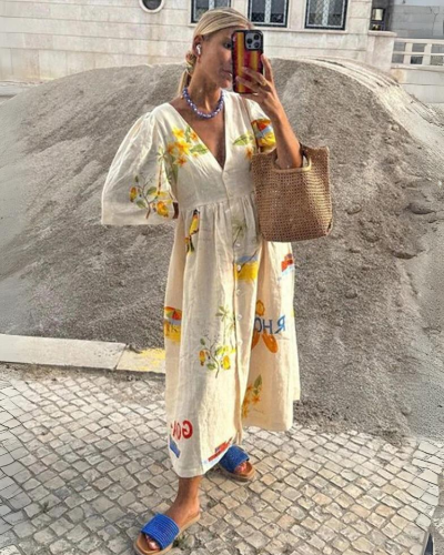 Addison Aesthetic Oversized V Neck Dress for Women in Beige Designer Edit