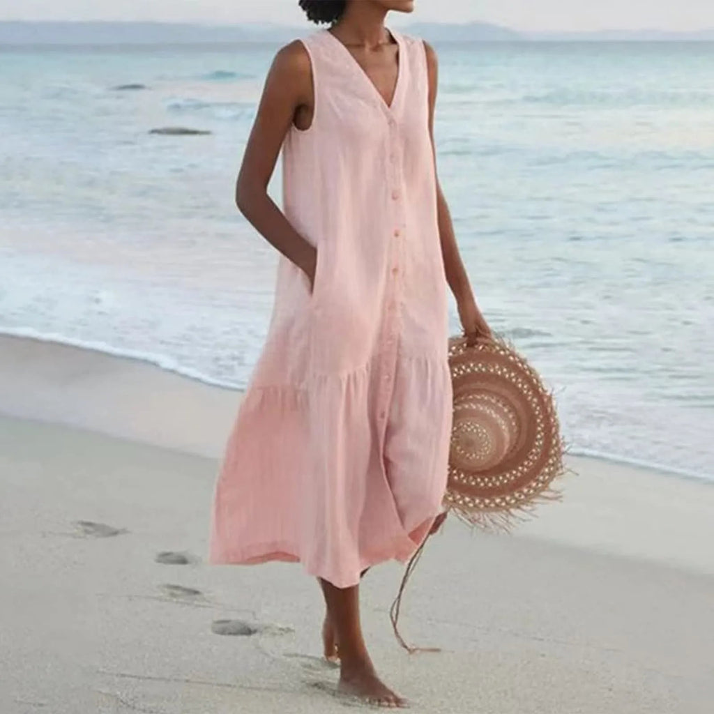 Emilia Exclusive Linen Dress with V Neck Designer Edit