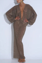 Modern Elegance Sequin Sheer Long Relaxed Sleeve Ruched Drape Maxi Dress