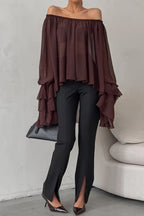 Solid Color Chiffon Off-shoulder Long-sleeved Loose Cover-up Top