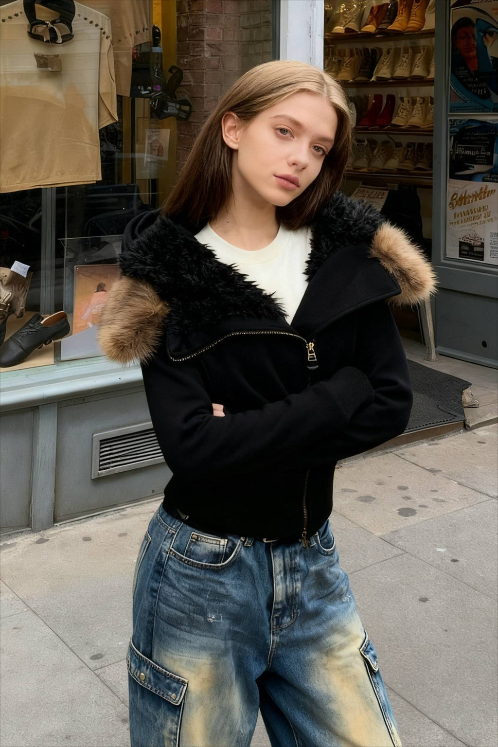 FleeceLined Hooded FurCollar Zip Short Jacket