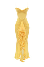 Retro Romantic Style Mesh Ruffle Trim Ruched Slit High Low Maxi Dress