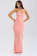 Wine Red Strapless Crop Top and Maxi Dress Set