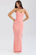 Wine Red Strapless Crop Top and Maxi Dress Set