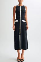 Elegant Slim Fit Crew Neck Buttoned Sleeveless Knit Midi Dress