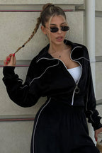 Athletic Velvet Collar Zipper Long Sleeve Two Piece Set