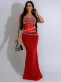 Elegant Mesh See Through Rhinestones Strap Sleeveless Red Party Dress