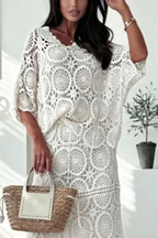 V Neck Half Sleeves Crochet Hollow Out Top