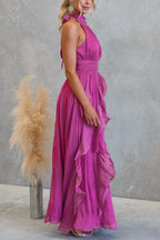 Coral Textured Metallic Chiffon Material High Tie Neck Ruffles Maxi Dress