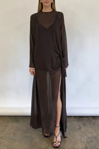 Fashionable Mesh See-through Round Neck Long Sleeve Tie Bow Slit Maxi Dress