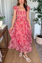 Square Neck Sleeveless Ruffle Tiered Midi Dress
