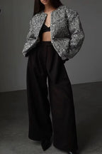 Solid Crew Neck Sequin Tweed Jacket