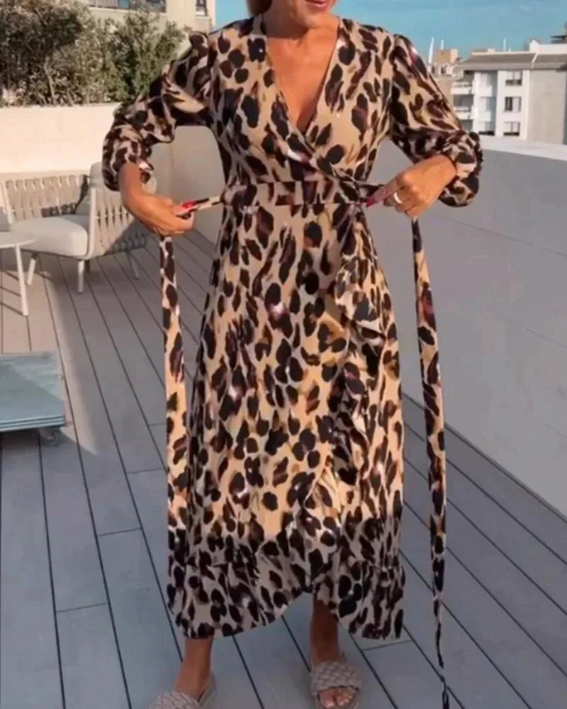 Exuperancia V-neck Leopard Print Dress for Women Weekend Casual Style