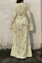 Sweet V Neck Flare Sleeve Wrap Tie Slim Maxi Floral Dress