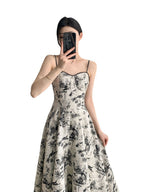 Floral Print Tie Strap Ruffle Detail Ivory Midi Dress