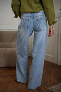 Stylish Denim Colorblock Star Patterned Mid Waist Pocket Wide Leg Jeans