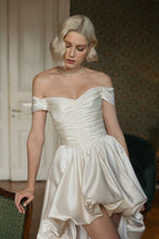 Satin Off Shoulder High Low Reception Dress