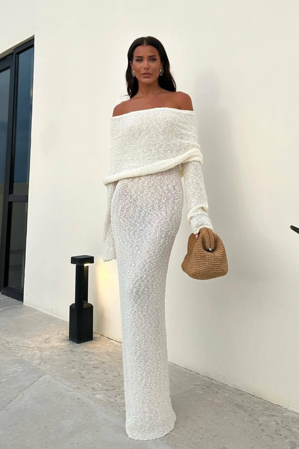 Backless Knit OffShoulder Maxi Sweater Dress
