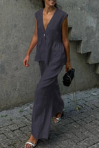 V-Neck Sleeveless Ruffled Peplum Top + Wide-Leg Pants Linen Set