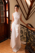 Sleeveless High Neck Flower Lace Patchwork Reception Dress