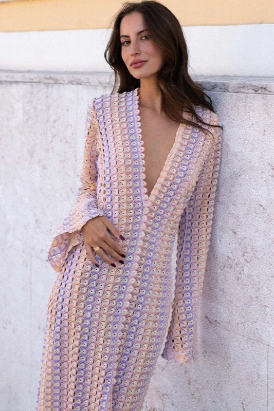 Crochet Colorful Stripe V Neck Flare Sleeve Maxi Dress