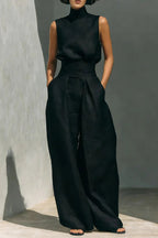 Linen Blend Solid Color Turtleneck Sleeveless Top and Casual High-waisted Elastic Waist Pocket Wide-leg Pants Set