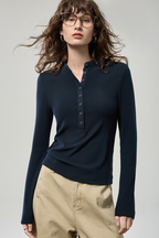 Fitted Henley Button Slim Crew Neck Long Sleeve Blouse