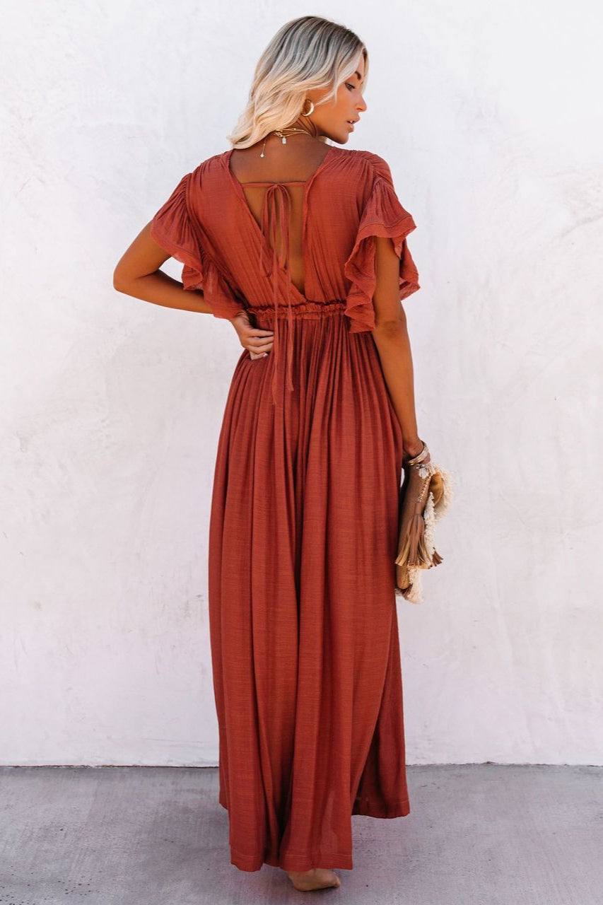 Button Front Drawstring Waist Maxi Boho Dress