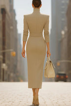 Elegant V-neck Long-sleeved High-waisted Slim-fit Midi Dress