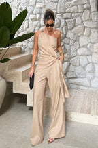 One Shoulder Asymmetric Tie Top High Waist Pants Two Piece Set