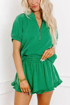 Women's Casual Puff Sleeve Top and Ruffle Shorts Set