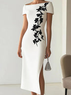 Chic Floral Print Boat Neck Midi Dress