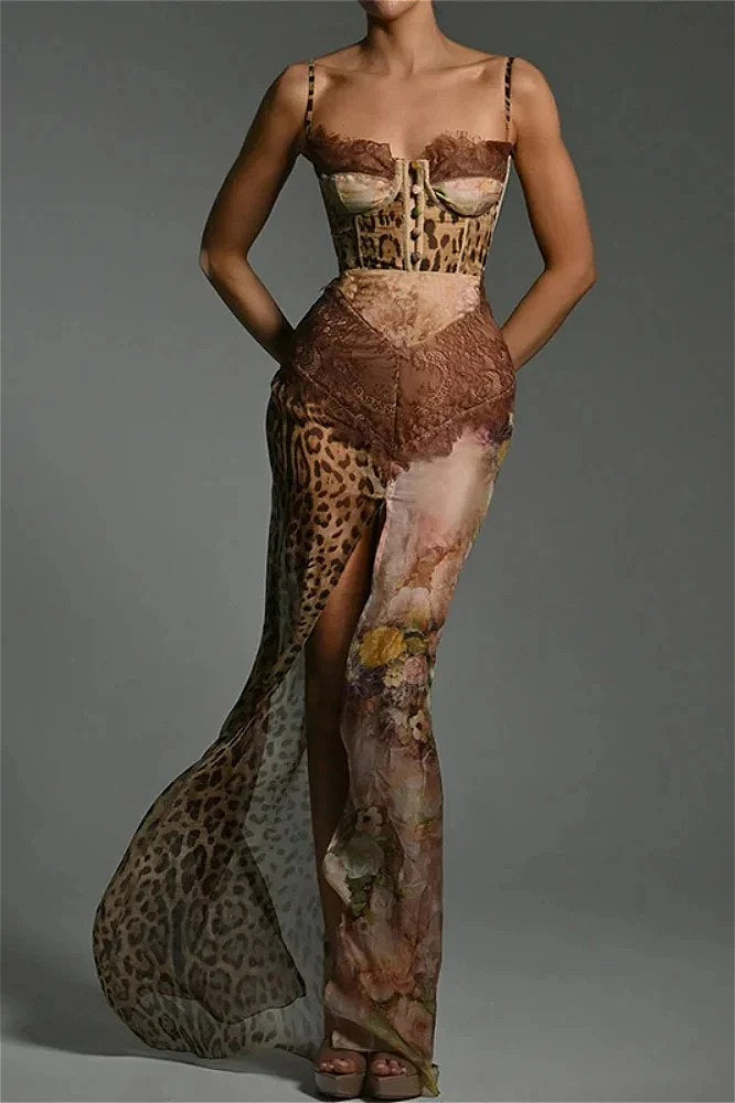 Leopard Printed Patchwork Lace Floral Dress