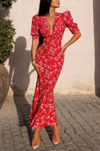 Floral Print V-neck Puff Sleeve High-waisted Slim-fit Maxi Dress